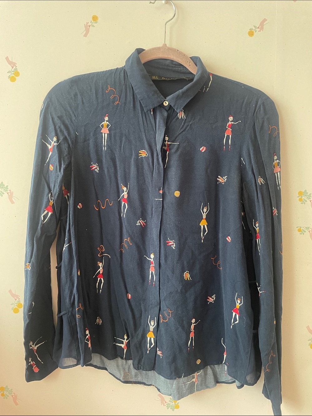 Zara Navy Button-Down Blouse with Dancer Print